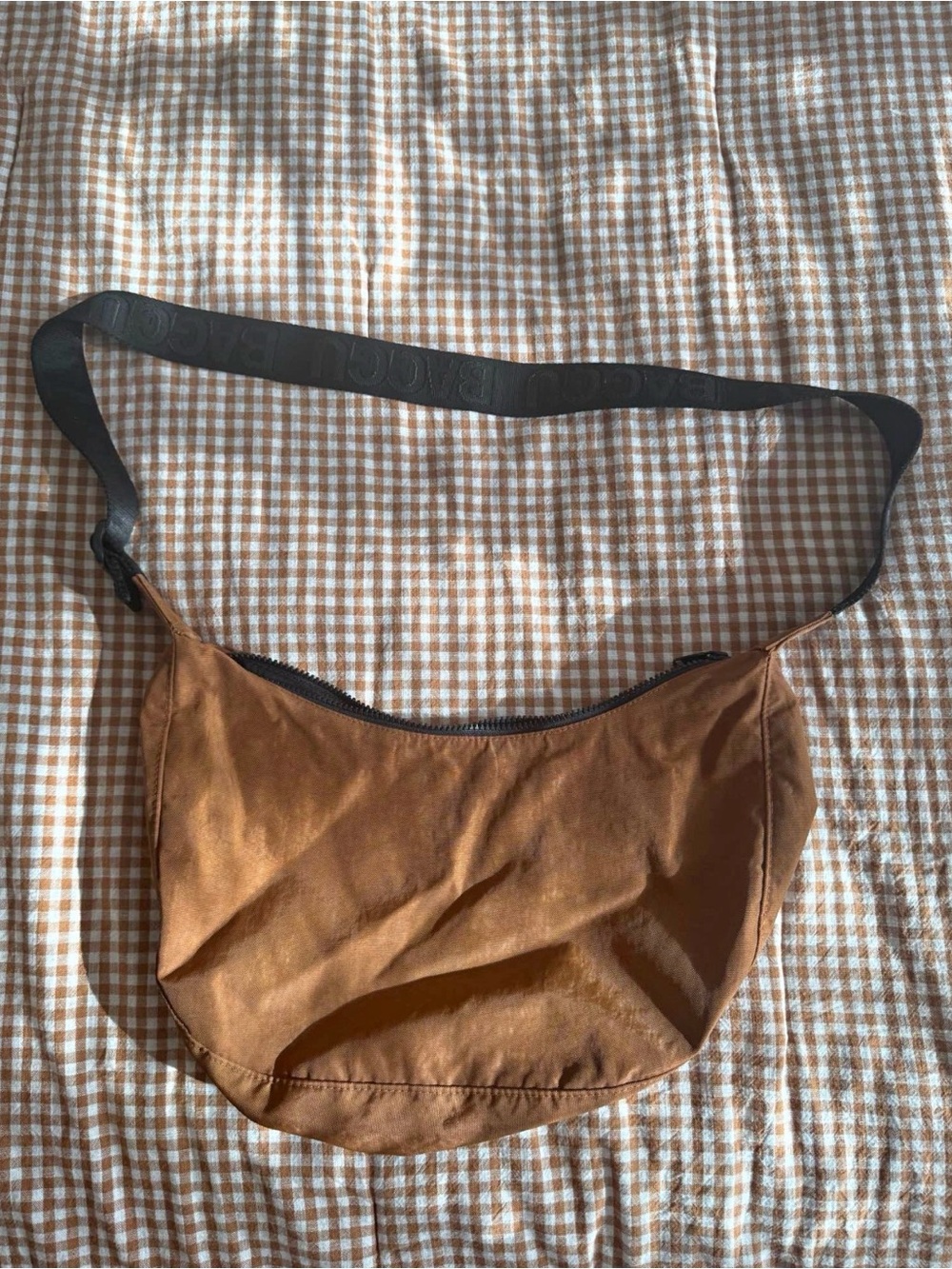 BAGGU Brown Crescent Crossbody Bag with Black Strap (Older Sizing)